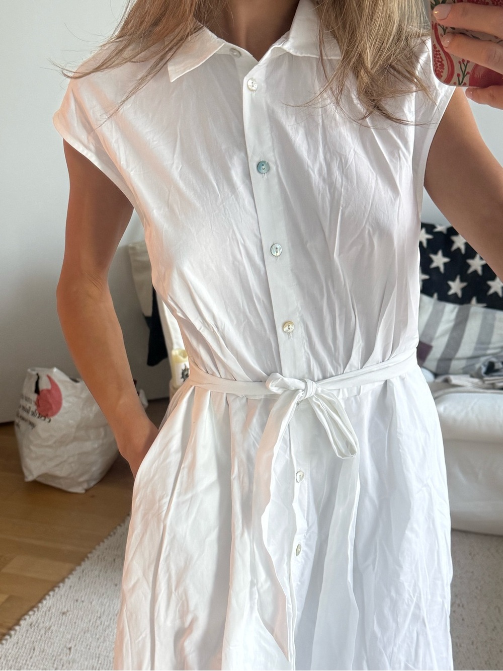 Ellen Tracy White Sleeveless Tie-Waist Midi Shirt Dress